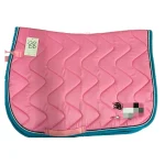 Pink horse saddle pad with a quilted design and teal trim.