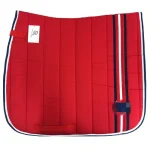 Red horse saddle pad with white and blue stripes and two attachment straps
