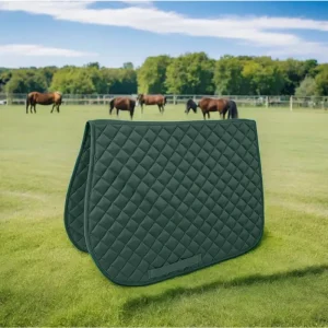 Dark green horse saddle pad on grass with horses in background