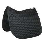 Black horse saddle pad with a quilted design and adjustable straps