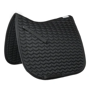 Black horse saddle pad with a quilted design and adjustable straps