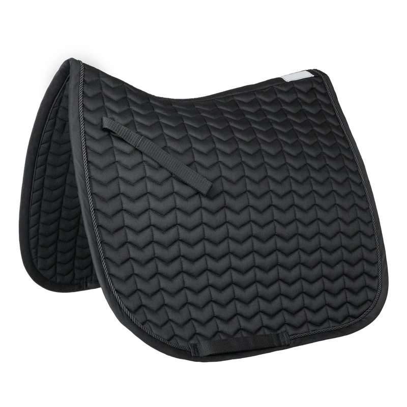 customizable-western-horsesaddlepad-with-gel-banner-1 Black horse saddle pad with a quilted design and adjustable straps
