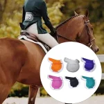 Horse saddle pad in various colors displayed alongside a rider on a horse