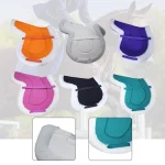 Colorful horse saddle pads in various shades displayed against a blurred equestrian background
